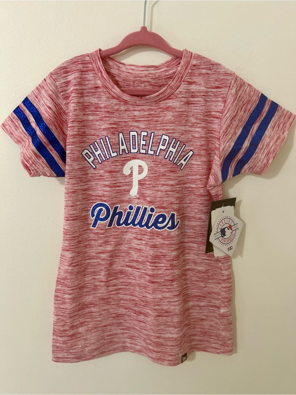 New Era Girls Phillies MLB Glitter Sleeve Tee Shirt NWT Size 7/8